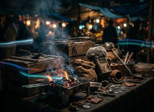 Close-up market stall foley with bags and coins