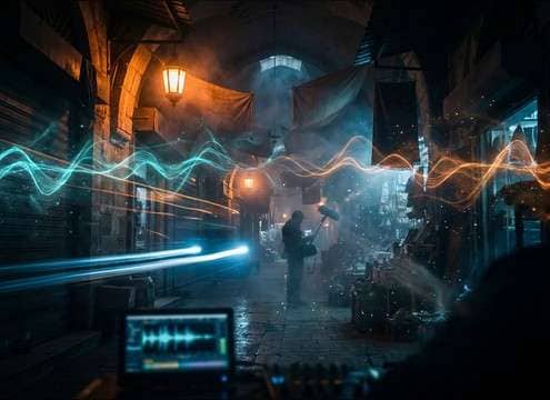 Indoor bazaar ambience with short reverb tail