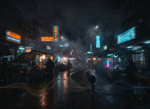 Night market establishing shot ambience with distant music