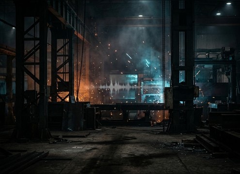 Industrial metal clang accent in a factory scene