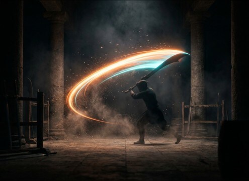 Sword swing miss whoosh layered under a blade move