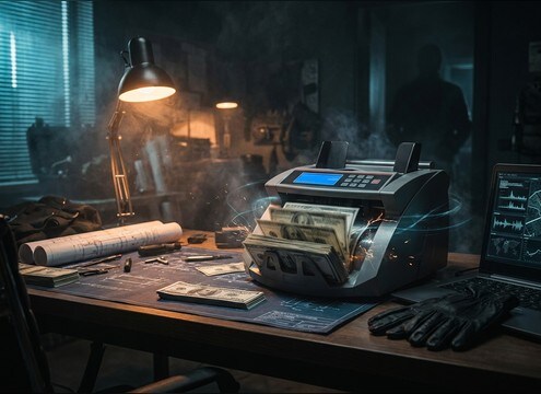 Close mic cash counter clicks for a heist planning scene