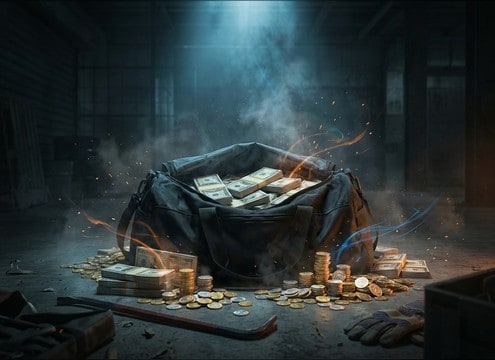 Cash stash reveal with bill rustle sound effects