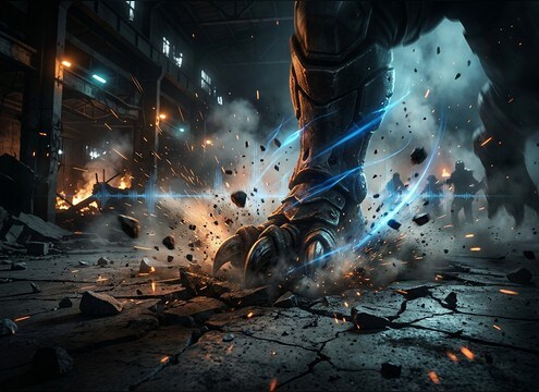 Heavy monster footstep stomp with debris texture