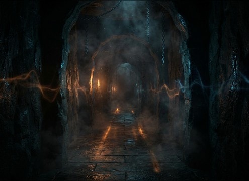 Dark corridor scene with distant echoing laughter