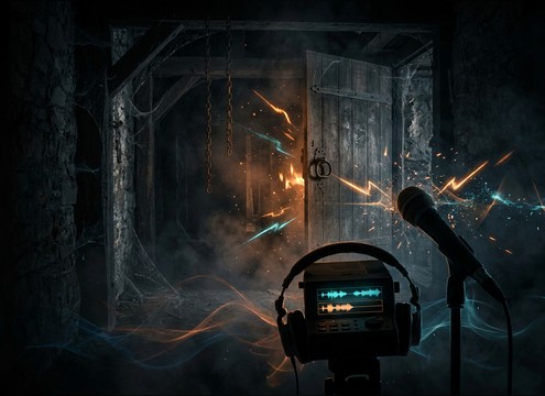 Haunted house hallway with a timed cackle cue