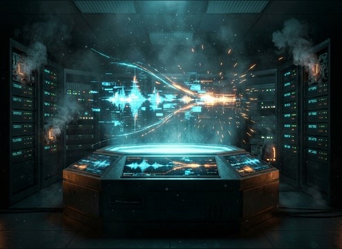 Futuristic control room with robotic laughter