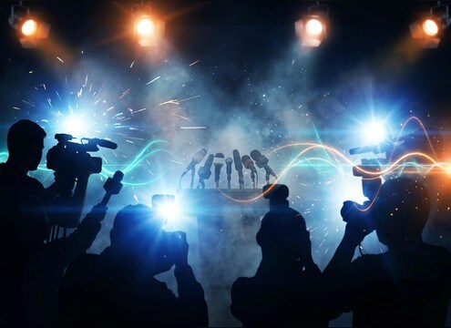 Press conference cold open with camera flash click sound effects