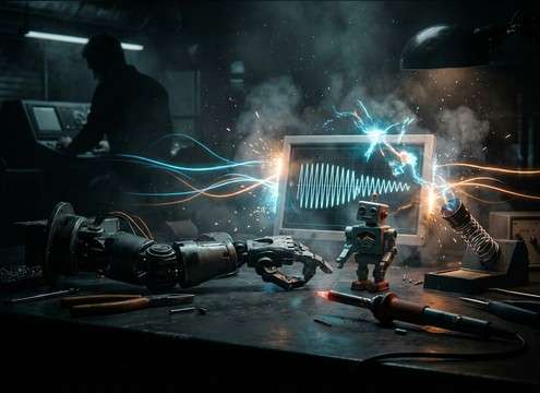 Robot character scene using a synthetic no-no voice effect