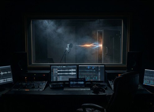 Audio drama session showing off-screen dialogue cue