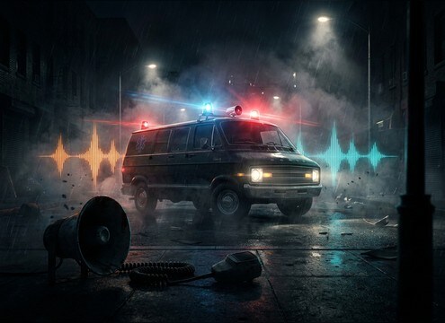 Vintage street scene with old ambulance siren cue