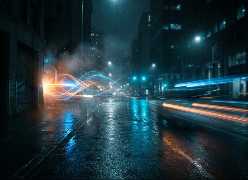 Night city ambience with brief siren accent
