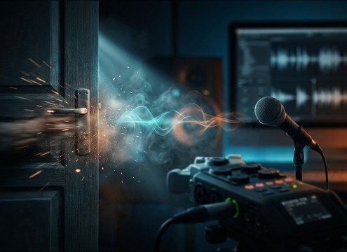 Door opening foley synced to a character entering a room