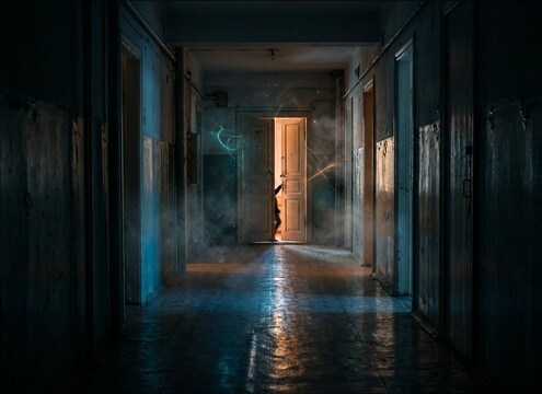 Hallway door opening with reflections and distance