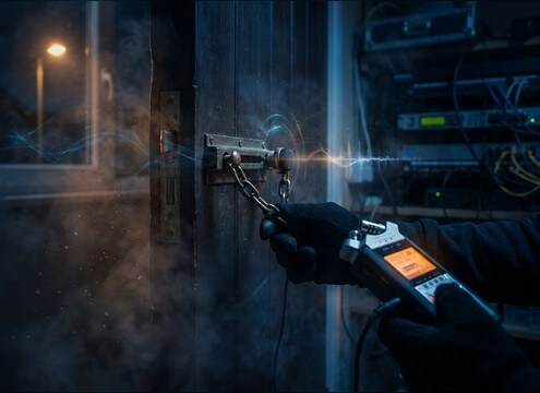 Door chain release sound effect for a security moment