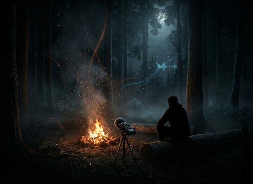 Mid-distance owl hoot for a camping scene with campfire sound
