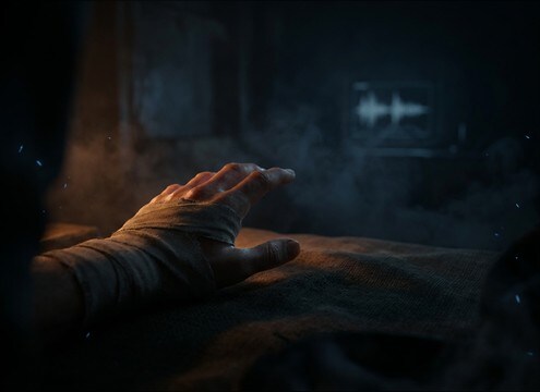 Quiet pain whimper under an injury close-up scene