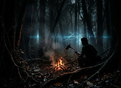 Distant panther roar outside a night campfire scene
