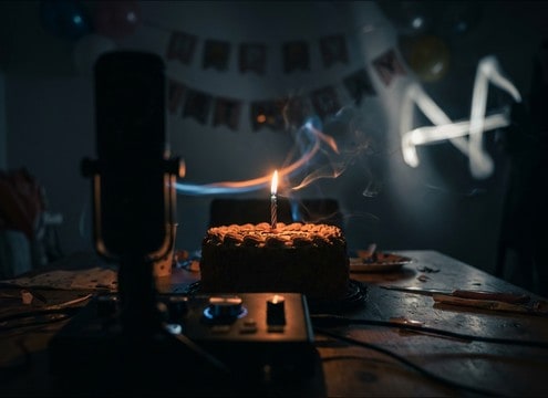 Party whistle sound timed to a birthday cake reveal