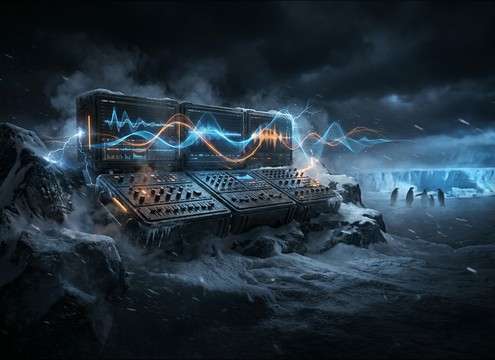 Game scene of icy landscape with ambient penguin colony audio