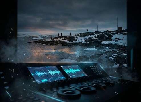 Audio drama timeline with penguin shoreline ambience under narration