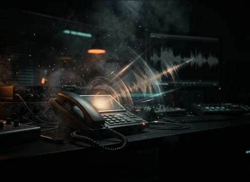 Office scene timeline with desk phone ring layered under room ambience