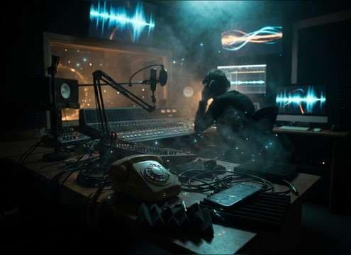 Audio drama session with phone ring placed in stereo space