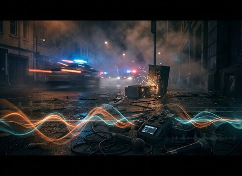 Distant police siren in an audio drama street scene