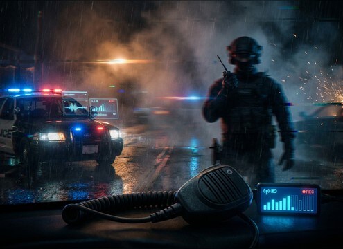 Dashcam scene with radio squelch and unit callouts