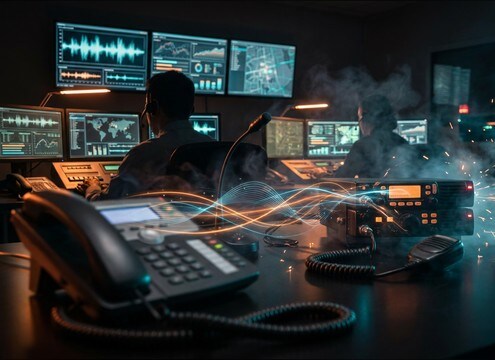 Call center scene transitioning into police radio traffic