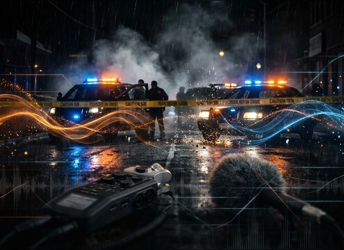Crime scene perimeter ambience with distant scanner chatter