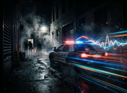 Police response scene with siren onset and steady roll sound