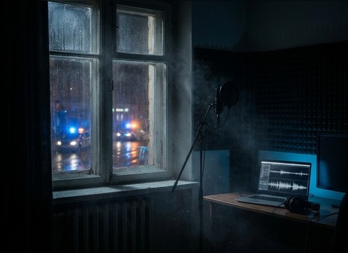 Distant police siren heard indoors with room tone