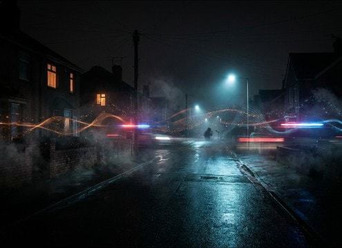 Night city ambience with distant police siren movement