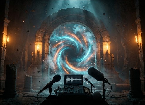 Large gateway portal opening with long reverb tail
