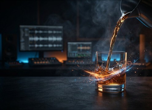 Close-up shot of water pouring into a glass for sync sound