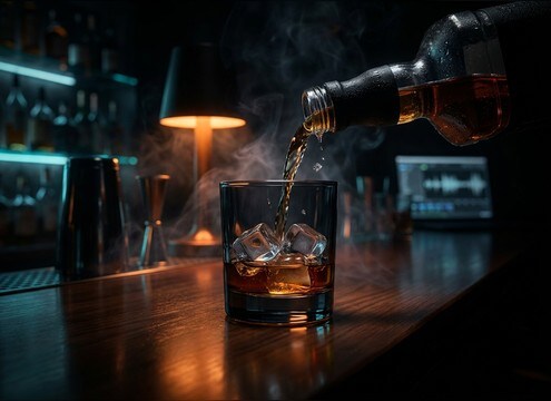 Bartender pouring liquor over ice in a low-lit bar scene