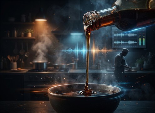 Syrup being poured onto food in a cooking demo