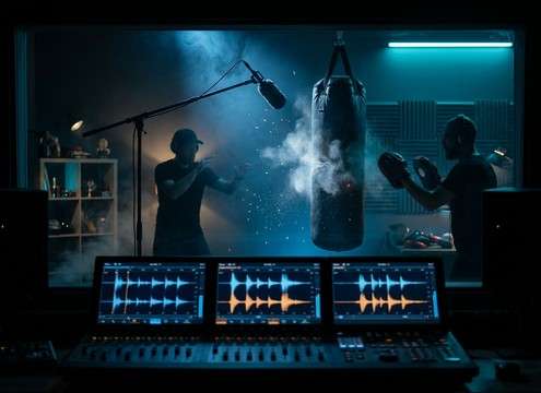 Podcast editor arranging punch sounds on a timeline