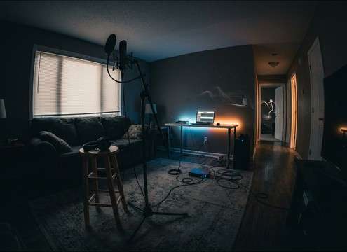 Audio drama scene with distant puppy bark and room ambience