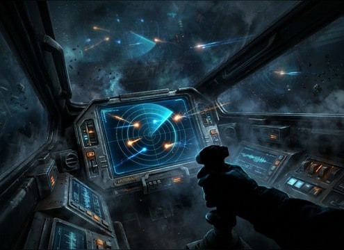 Futuristic cockpit HUD with radar blips and sweep beeps