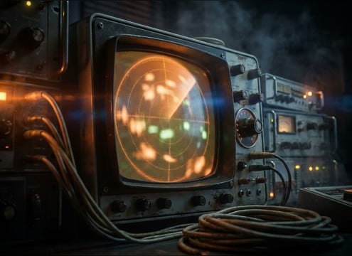 Retro CRT radar screen with analog hum and scope pings