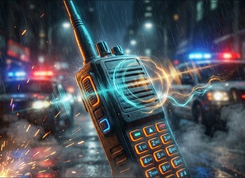 walkie talkie squelch and push-to-talk click transition