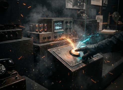interactive exhibit button triggers short radio static sound effect