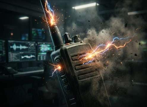 Static burst used as a walkie-talkie transition before dialogue
