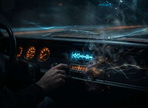 AM radio static under a car interior scene with weak reception