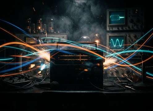 Montage of radio tuning with repeated dial sweep static