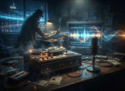 Retro recorded radio feed with lo-fi hiss and flutter