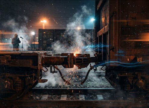 Freight yard coupler clunk and slow train roll-by sound effects