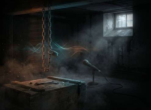 Dark basement door with chain rattle sound design detail